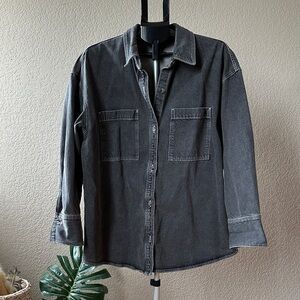 H&M Oversized Washed Black Casual Button-Down Grey Denim Shirt Size Medium
